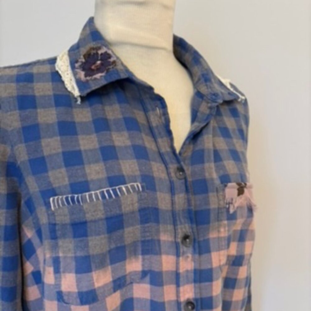 Upcycled reimagined Boho Bleached Mixed Media flannel shirt - Picture 3 of 7